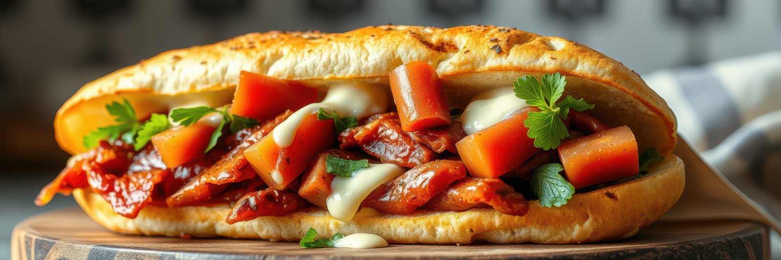 Delicious sub sandwich made with tender meat, fresh vegetables, and creamy sauce on a wooden board